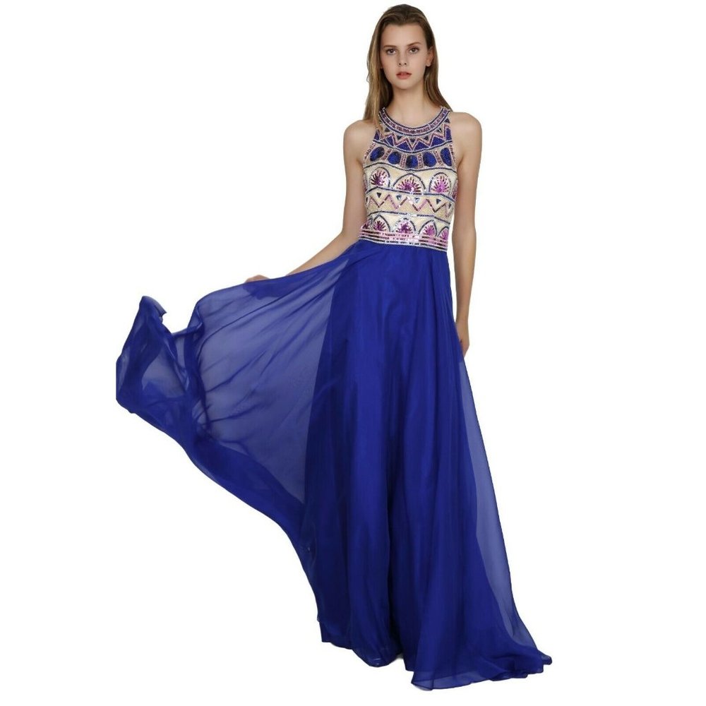 Women's Formal SHEER Embroidery beaded Long Evening Gown prom dress - Picture 1 of 6